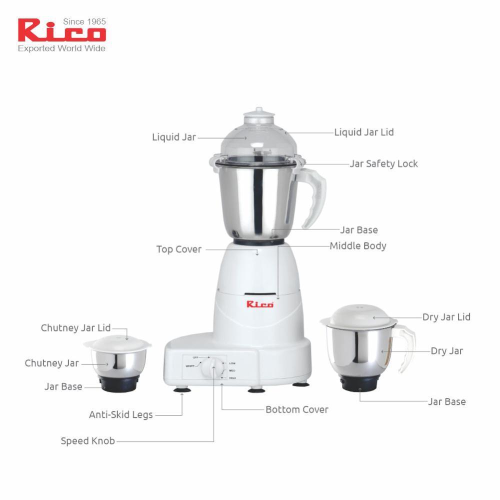 Rico Mixer Grinder 750 W with Chutney , Dry & Juicer Jar MG1803 (White) Rico India